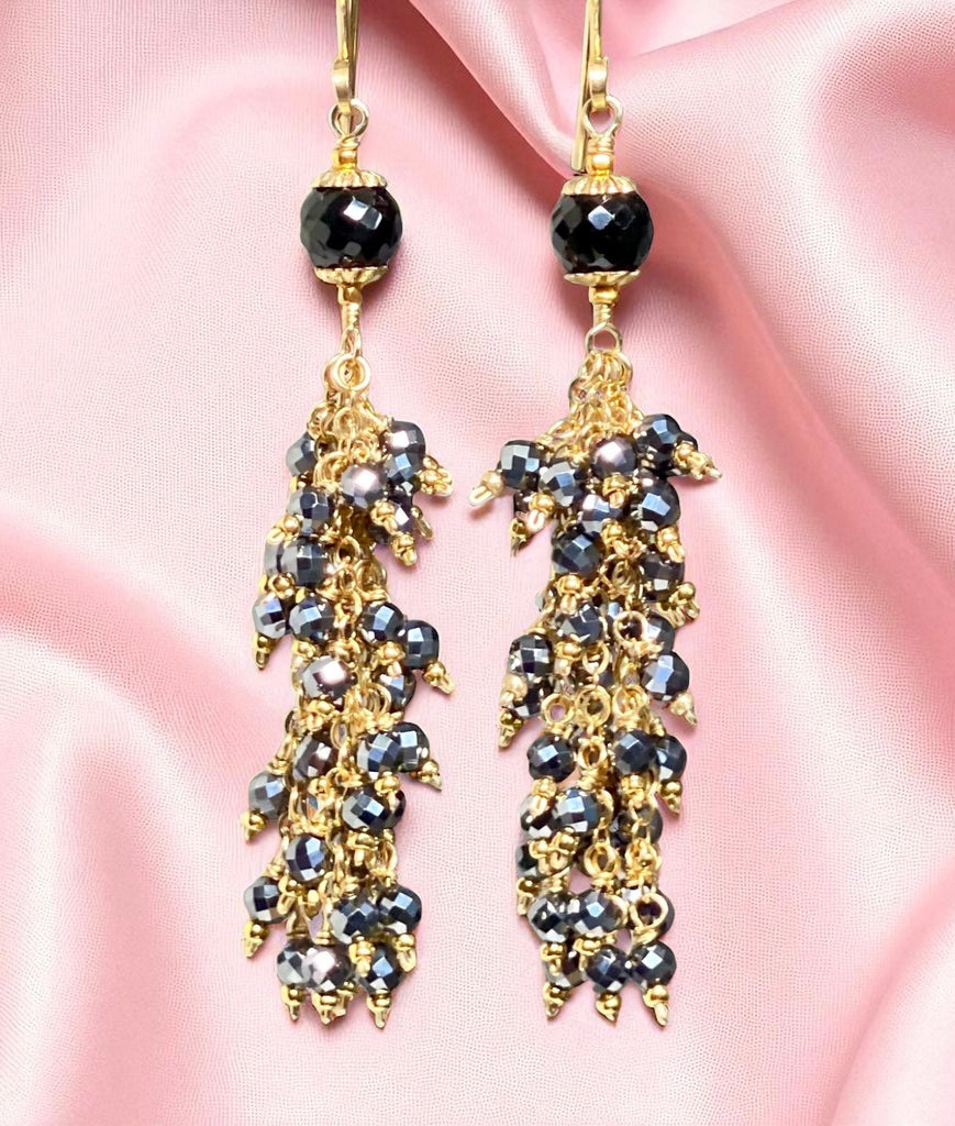 Sparkly Long Black Tassel Earrings Gold Fill