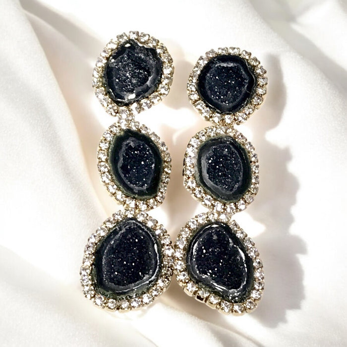 Black Tabasco Geode Triple Dangle Earrings