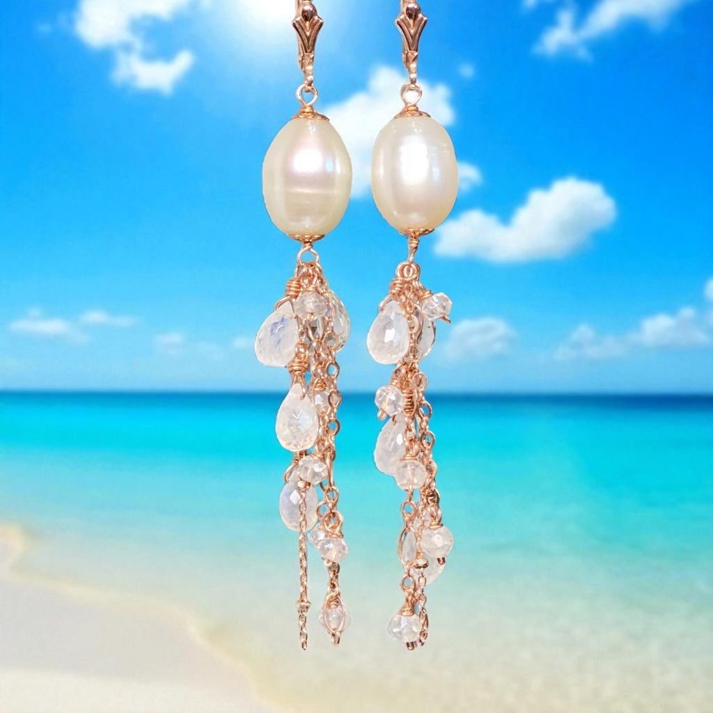 Rose Gold Pearl Moonstone Clear Zircon Long Dangle Earrings
