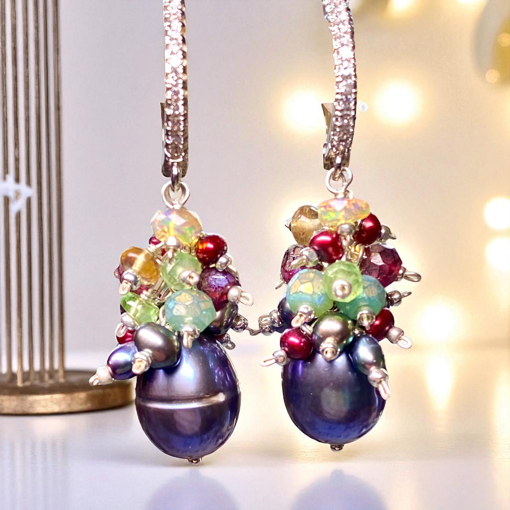 Grey Pearl Earrings with Colorful Gemstone Clusters in Sterling Silver