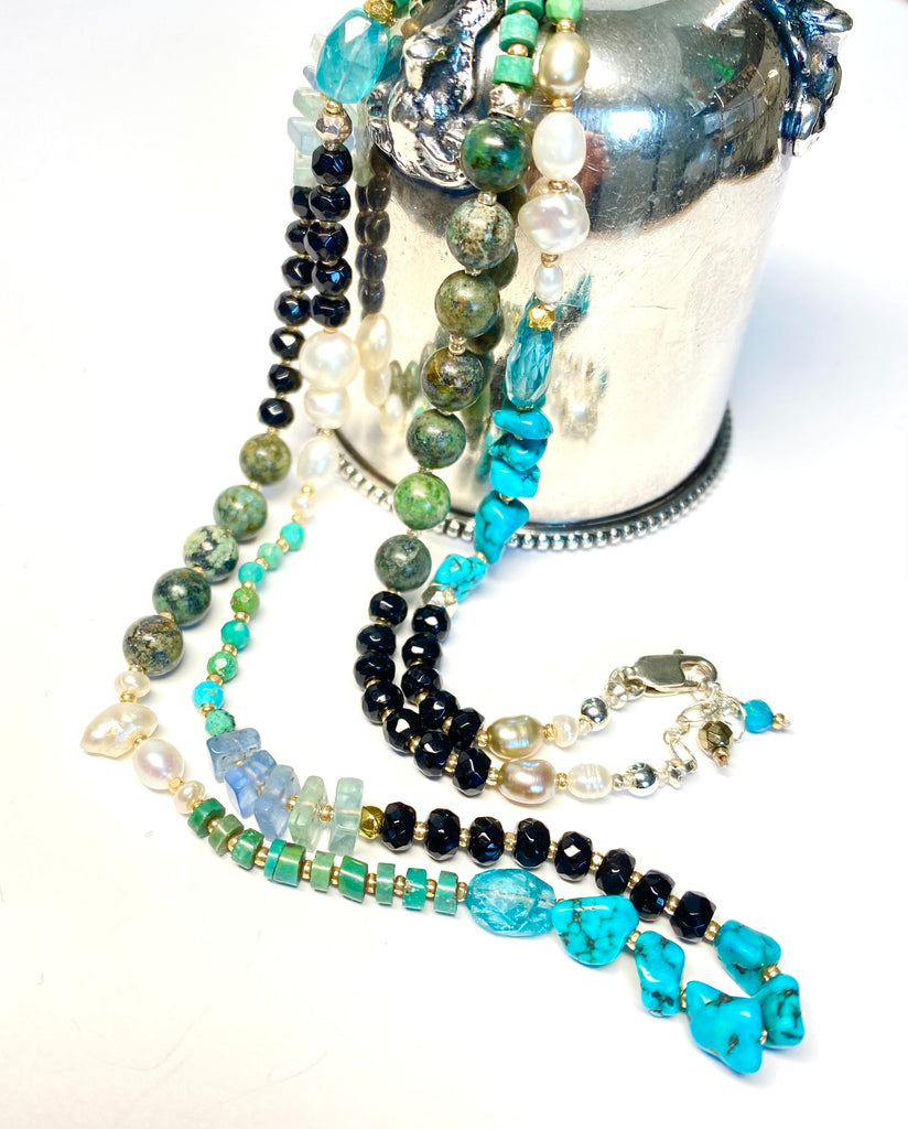 Turquoise Wrap Bracelet Necklace with Freshwater Pearl, Black Onyx, Apatite