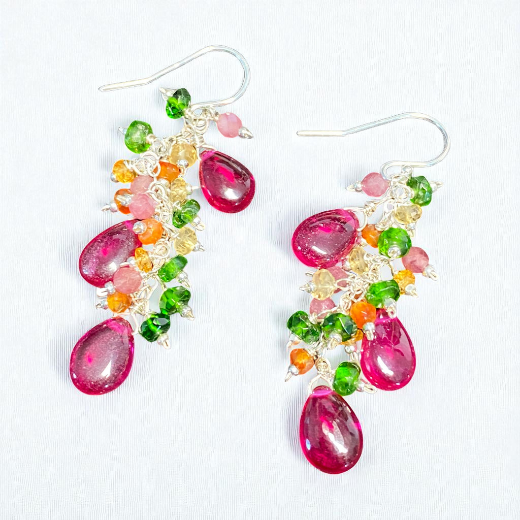 Rubellite Multi Gemstone Long Dangle Earrings Sterling Silver