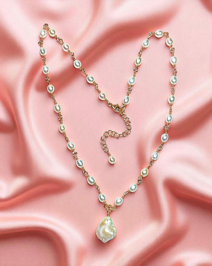 Dainty Baroque Pearl Necklace Wire Wrapped Rosary Style Rose Gold Fill