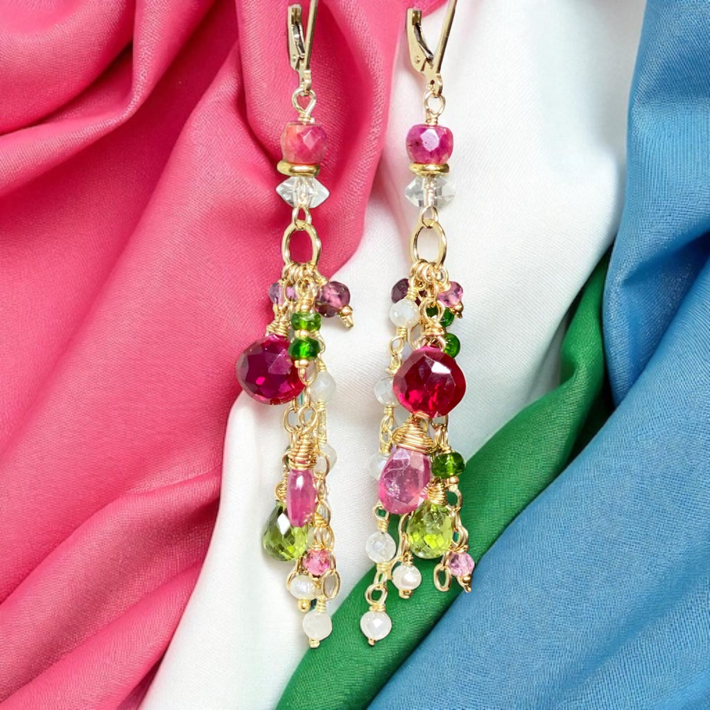 Gemstone Dangle Earrings - Pink Sapphire, Peridot, Ruby, Gold