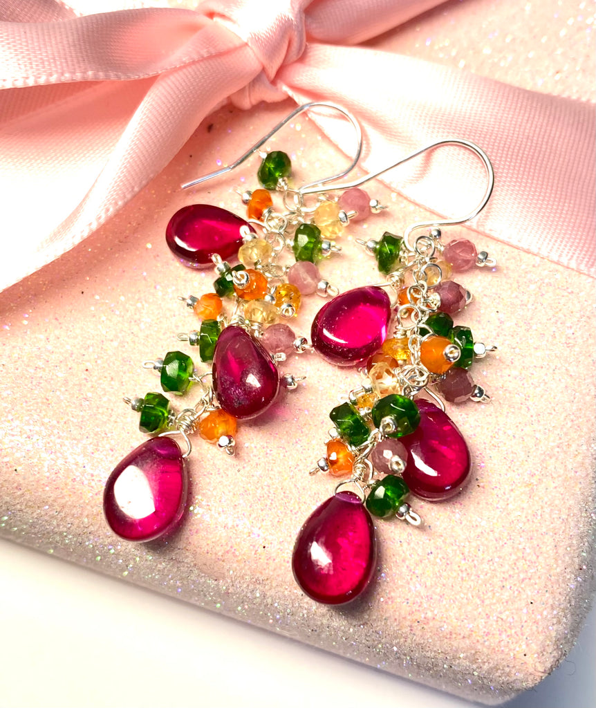 Rubellite Multi Gemstone Long Dangle Earrings Sterling Silver