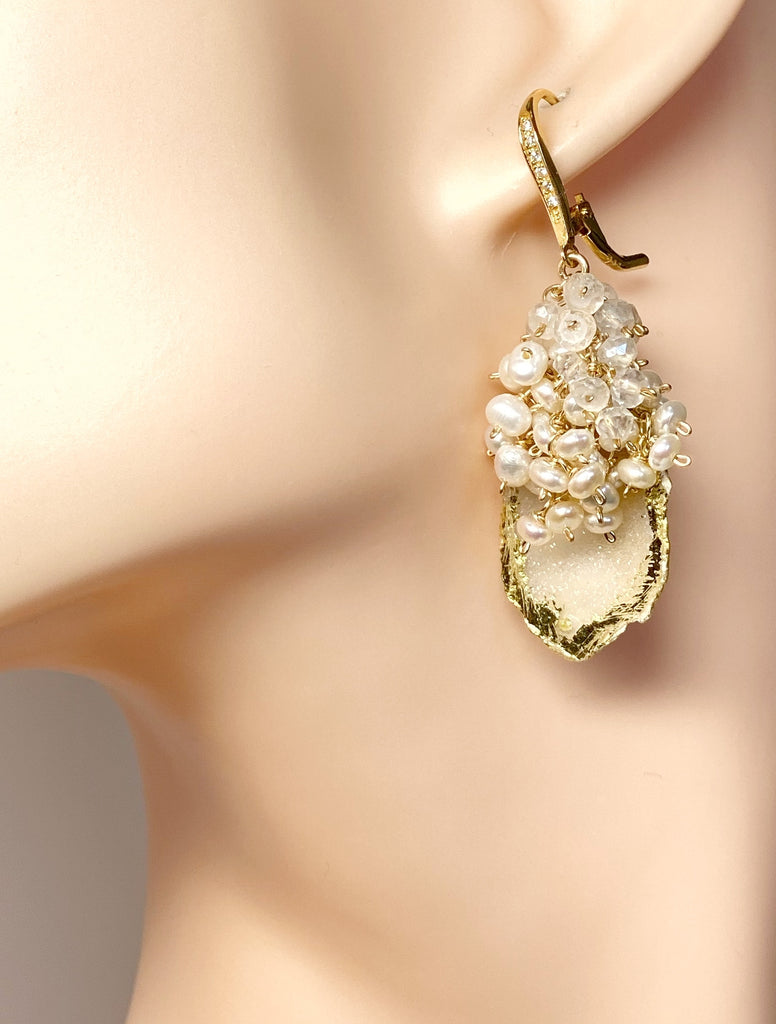 Golden Tabasco Geode 24 kt Gold Leaf Earrings with Pearl and Mystic Crystal Clusters