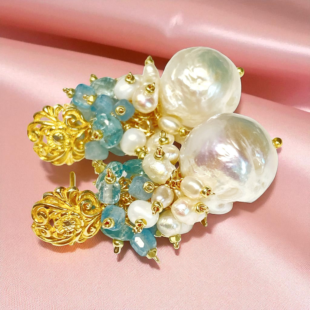 Blue Zircon Pearl Cluster Earrings Gold Post
