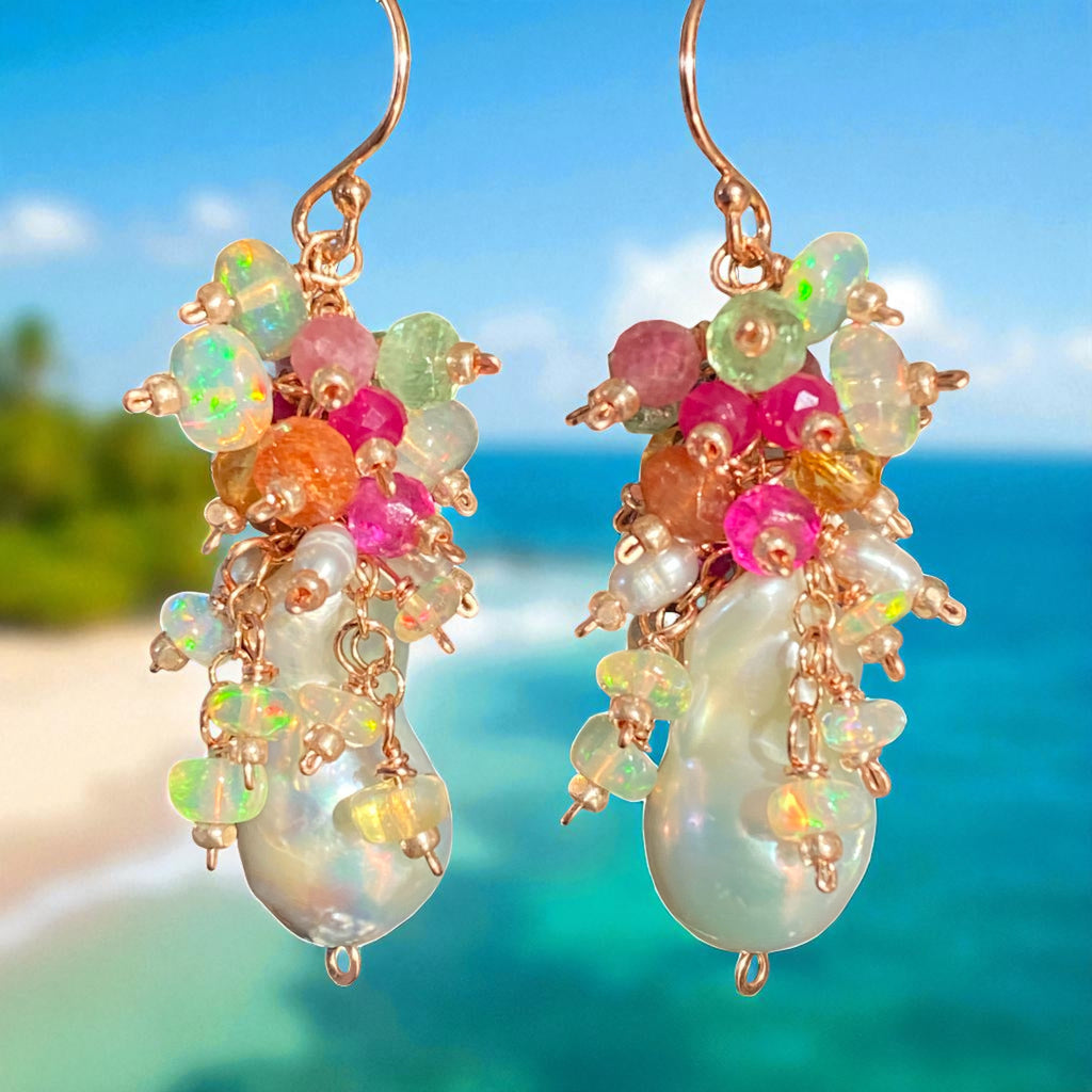 White Flameball Pearl Multicolor Gemstone Cluster Earrings Rose Gold Fill