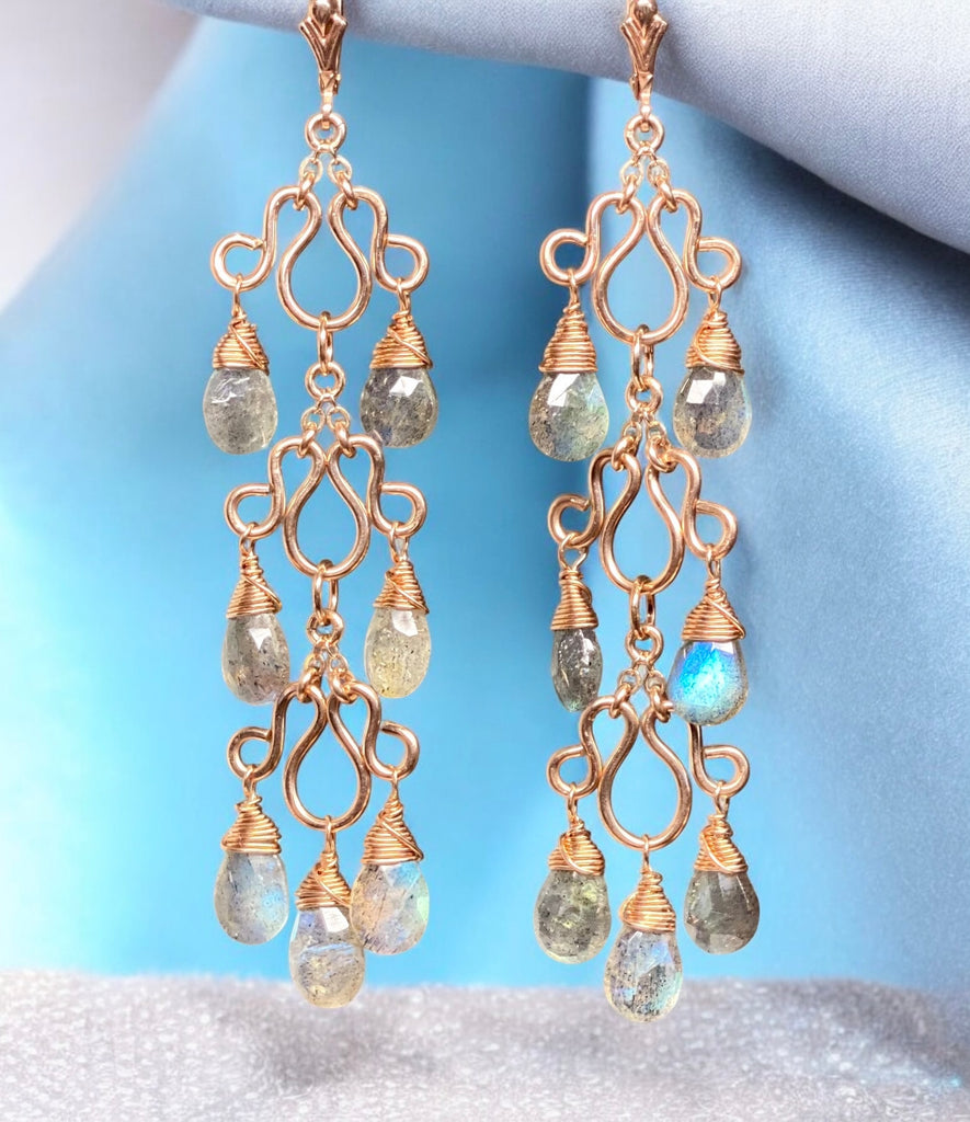 Long Labradorite Chandelier Earrings Rose Gold