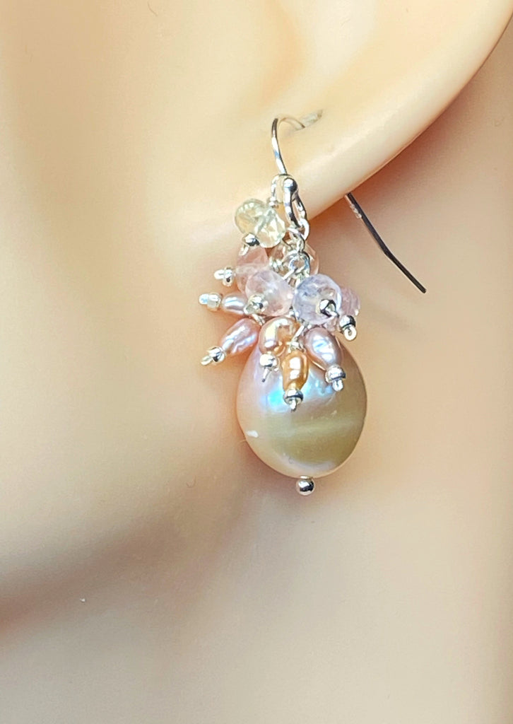 Pink Blush Pearl and Morganite Cluster Earrings Sterling Silver