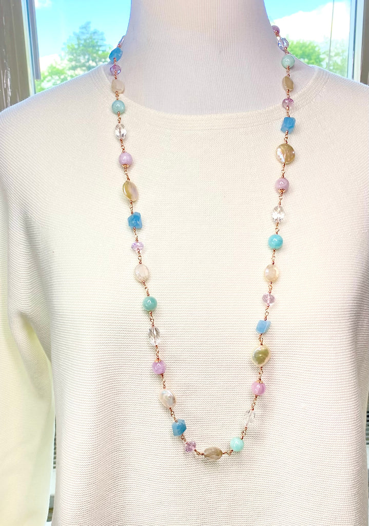 Long Multi Gemstone Pearl Necklace Aquamarine Amethyst Kunzite Rose Gold Fill