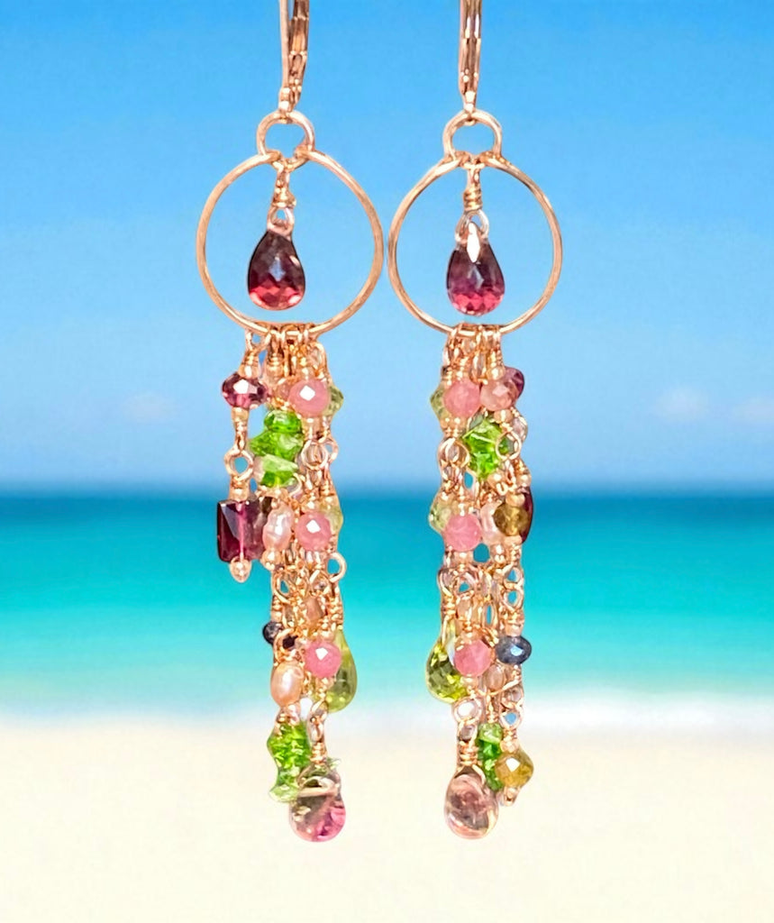 Rubellite Tourmaline Multicolor Gemstone Long Boho Dangle Earrings Rose Gold