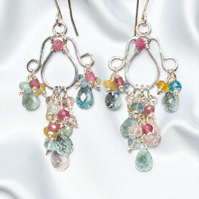 Dangle Gemstone Chandelier Earrings with Aquamarine in Sterling Silver