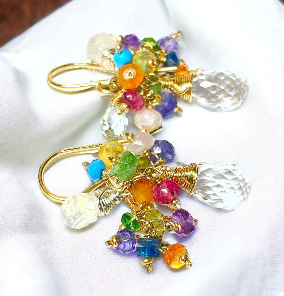 Crystal Quartz Dangle Earrings with Multi Gemstone Cluster 5