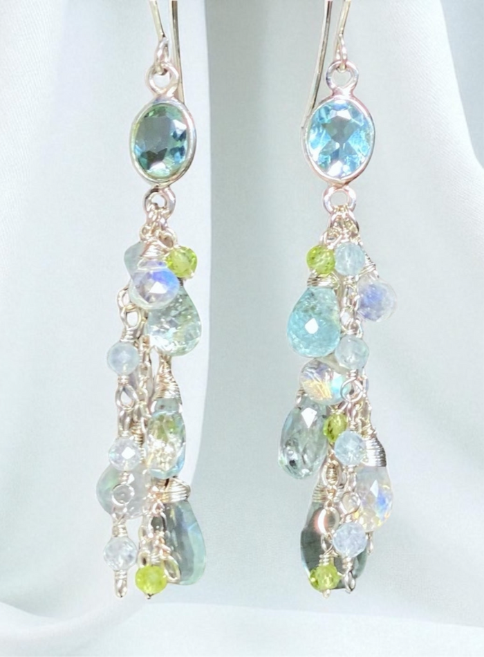 Blue Topaz, Peridot Long Gem Dangle Earrings Sterling Silver