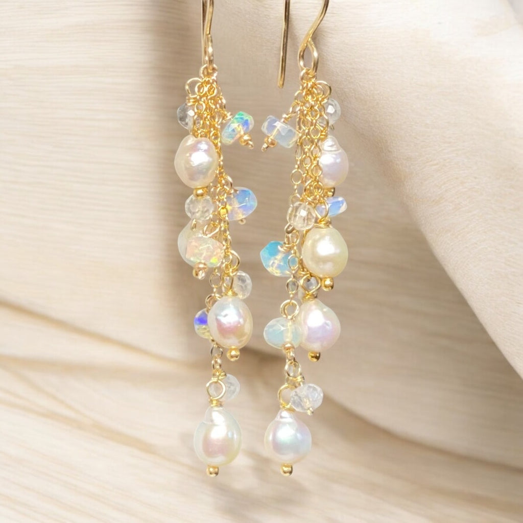Edison Pearl Dainty Dangle Earrings with Moonstones and Opals