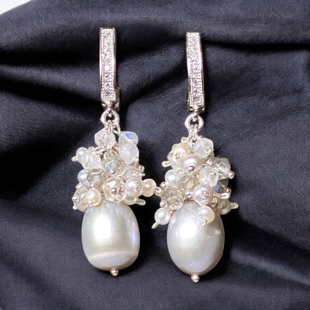 Gray Pearl Labradorite Cluster Earrings Sterling Silver