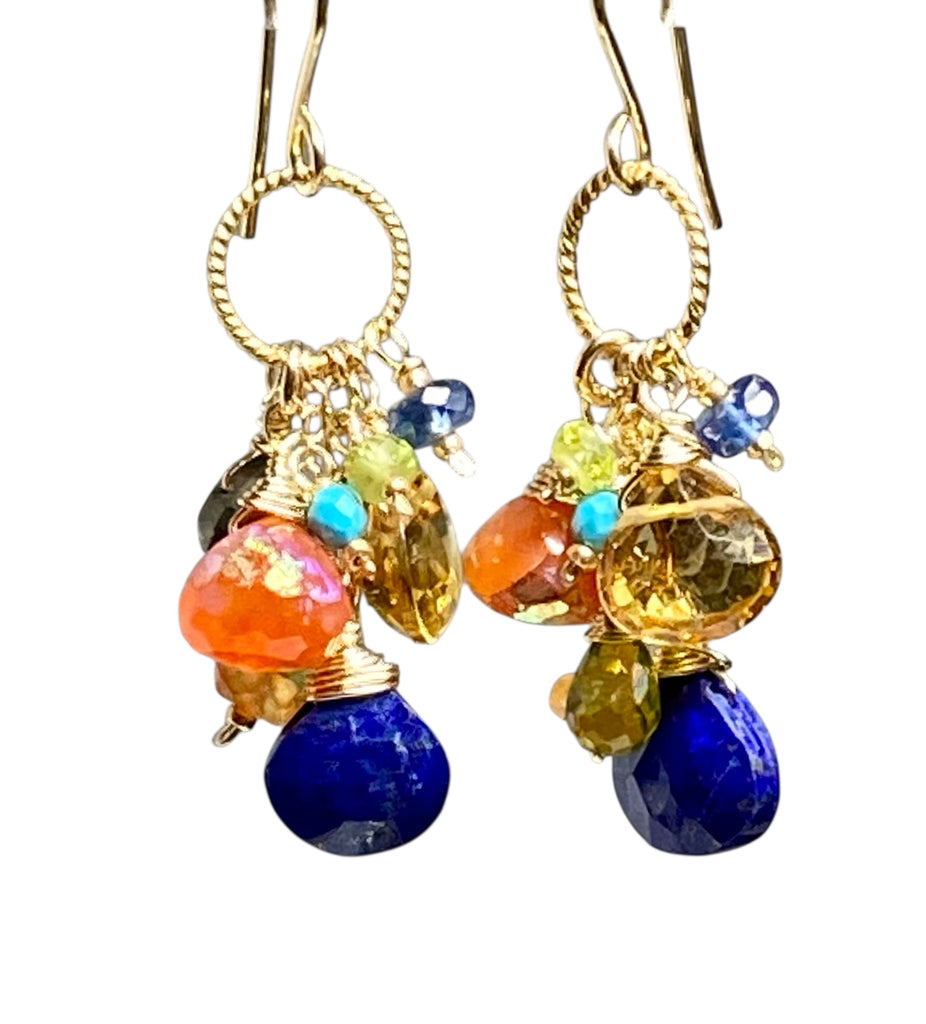 Colorful Gemstone Gold Dangle Earrings Citrine Blue Lapis Carnelian 2