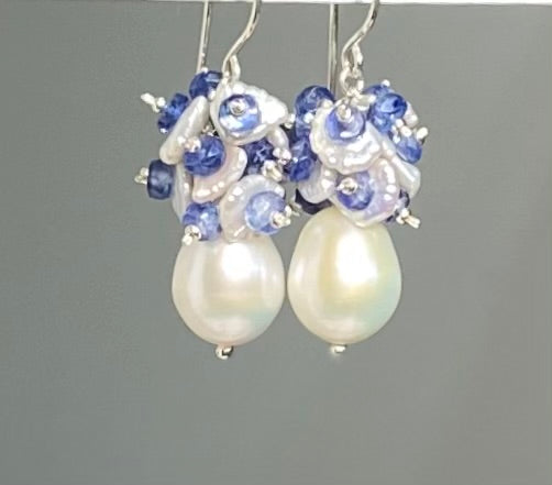 Pearl and Blue Gem Kyanite Cluster Earrings Sterling Silver