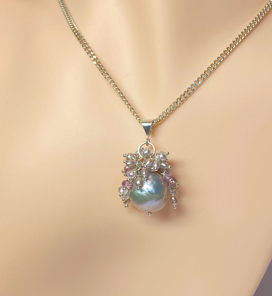 Silver Grey Baroque Pearl Cluster Pendant in Sterling Silver