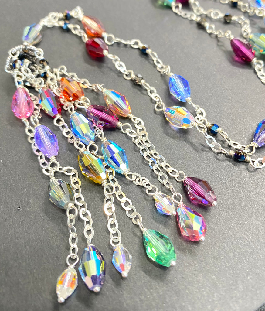 Multicolor Crystal Tassel Necklace Sterling Silver