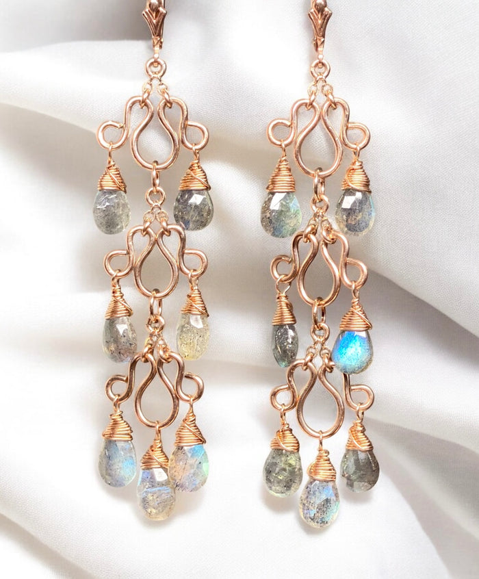 Long Labradorite Chandelier Earrings Rose Gold