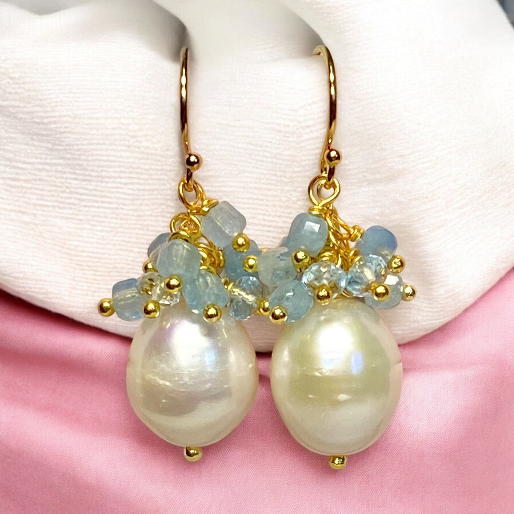 Pearl Cluster Earrings with Blue Aquamarine, Blue Topaz, Gold Fill or Sterling Silver