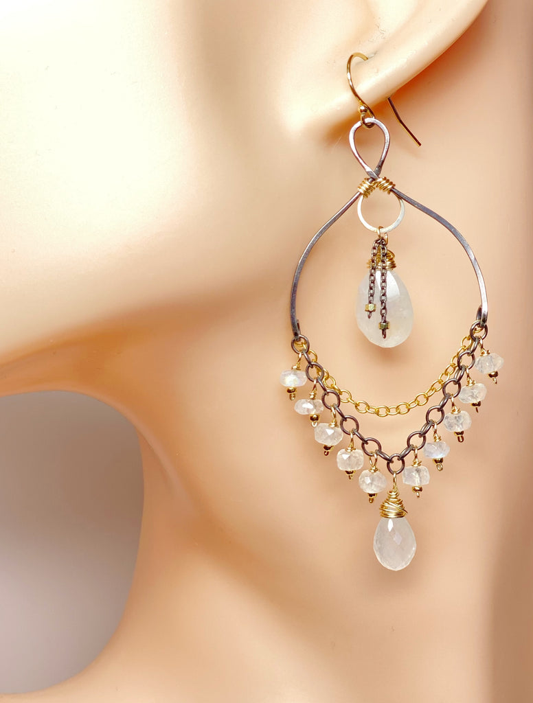Rainbow Moonstone Mixed Metal Chandelier Earrings Beaded Statement Earrings