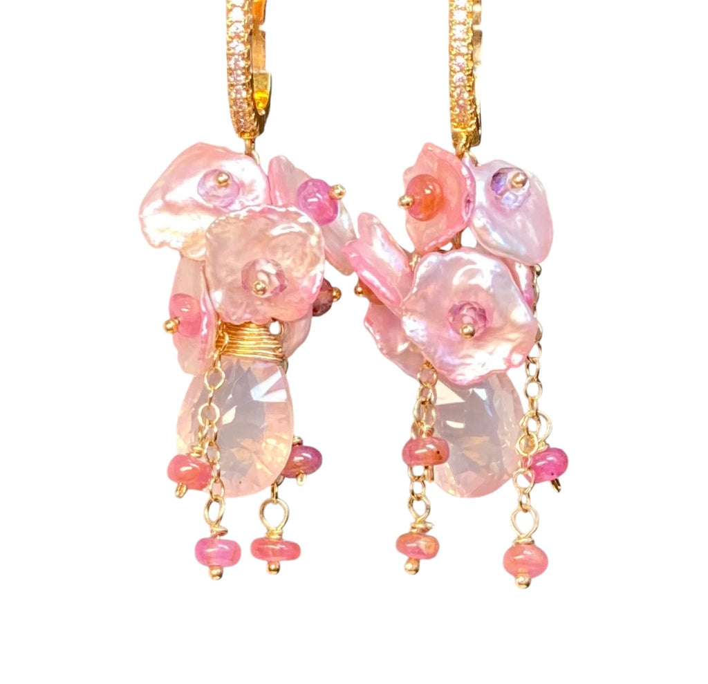 Rose Quartz Pink Keishi Pearl Cluster Earrings