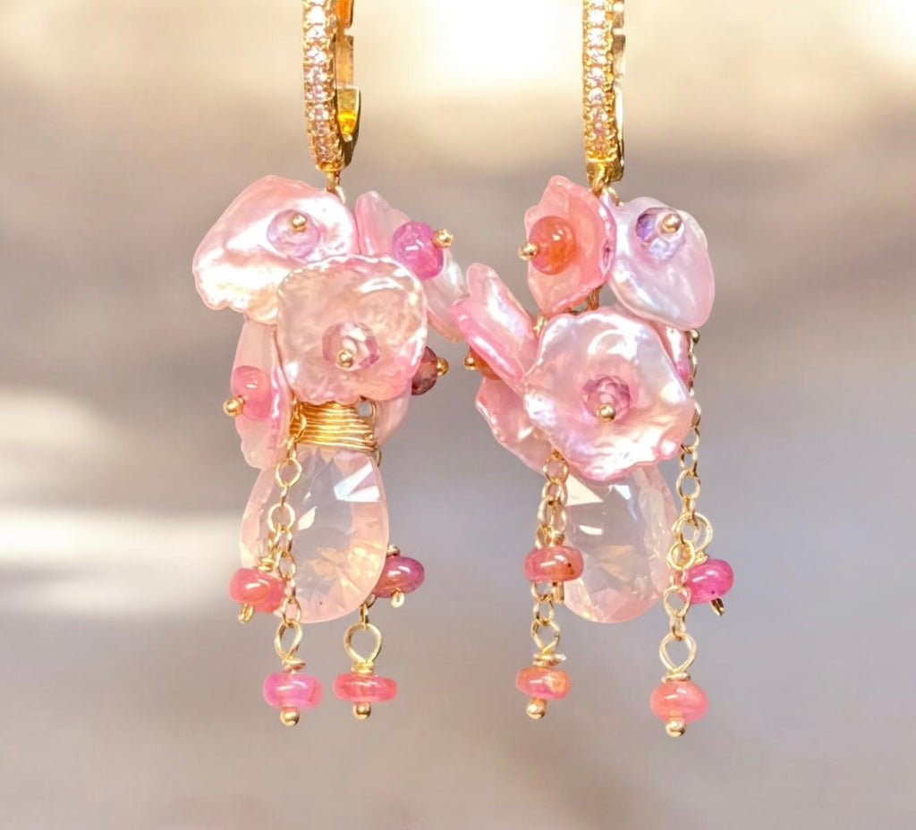 Rose Quartz Pink Keishi Pearl Cluster Earrings
