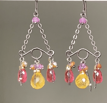 Pink, Fuchsia, Citrine Gemstone Handmade Chandelier Earrings Mixed Metal Oxidized Silver