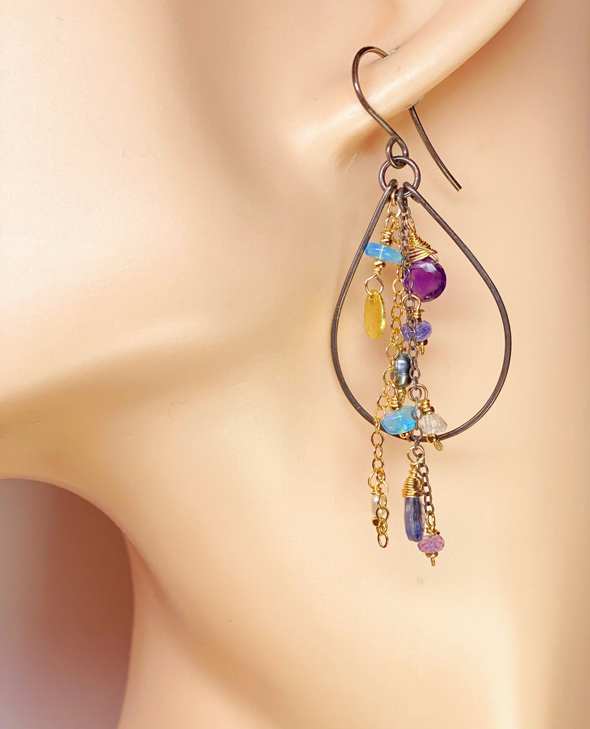 Amethyst, Blue Kyanite Mixed Metal Hoop Earrings, Black Gold