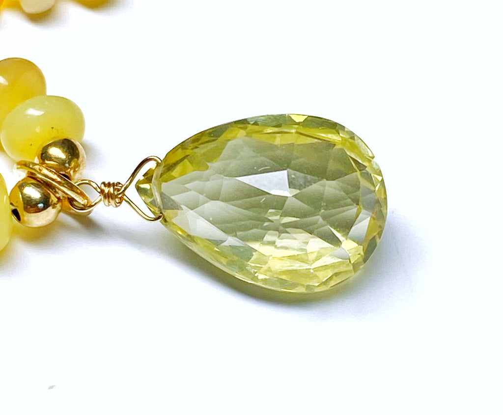 Lemon Quartz Gemstone Pendant on Yellow Opal Knotted Necklace, Gold Fill