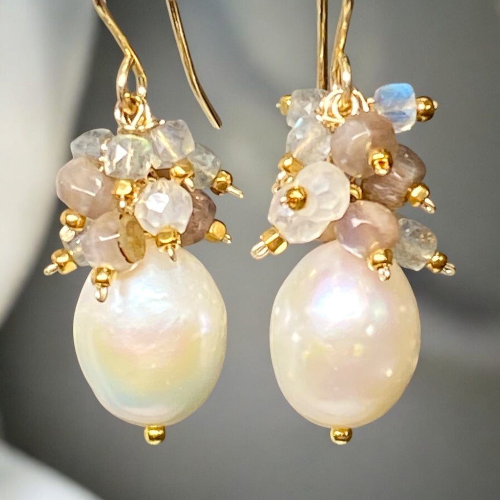 Pearl Cluster Earrings with Labradorite, Chocolate Moonstone Gold Fill or Sterling Silver