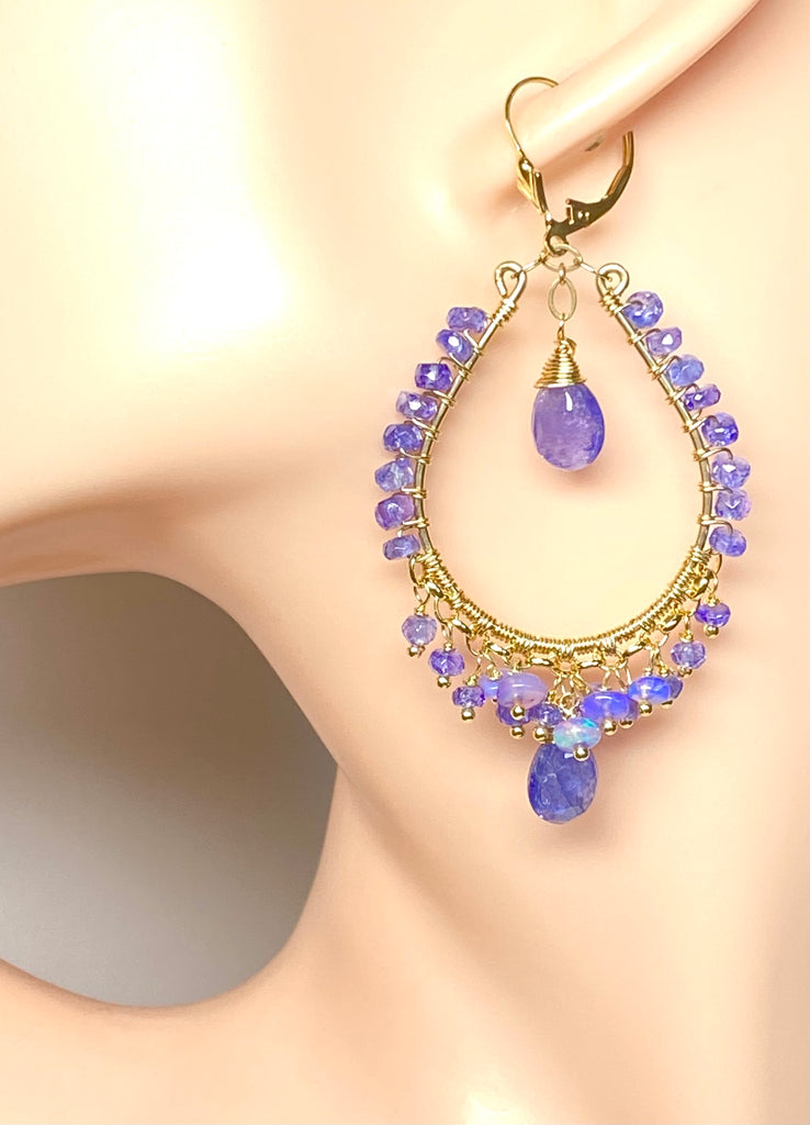 Tanzanite and Opal Hoop Earrings in Gold Fill