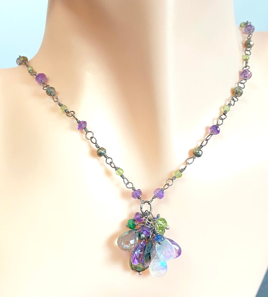 Amethyst, Tourmaline Gem Cluster Pendant Necklace, Rosary Style, Oxidized Silver