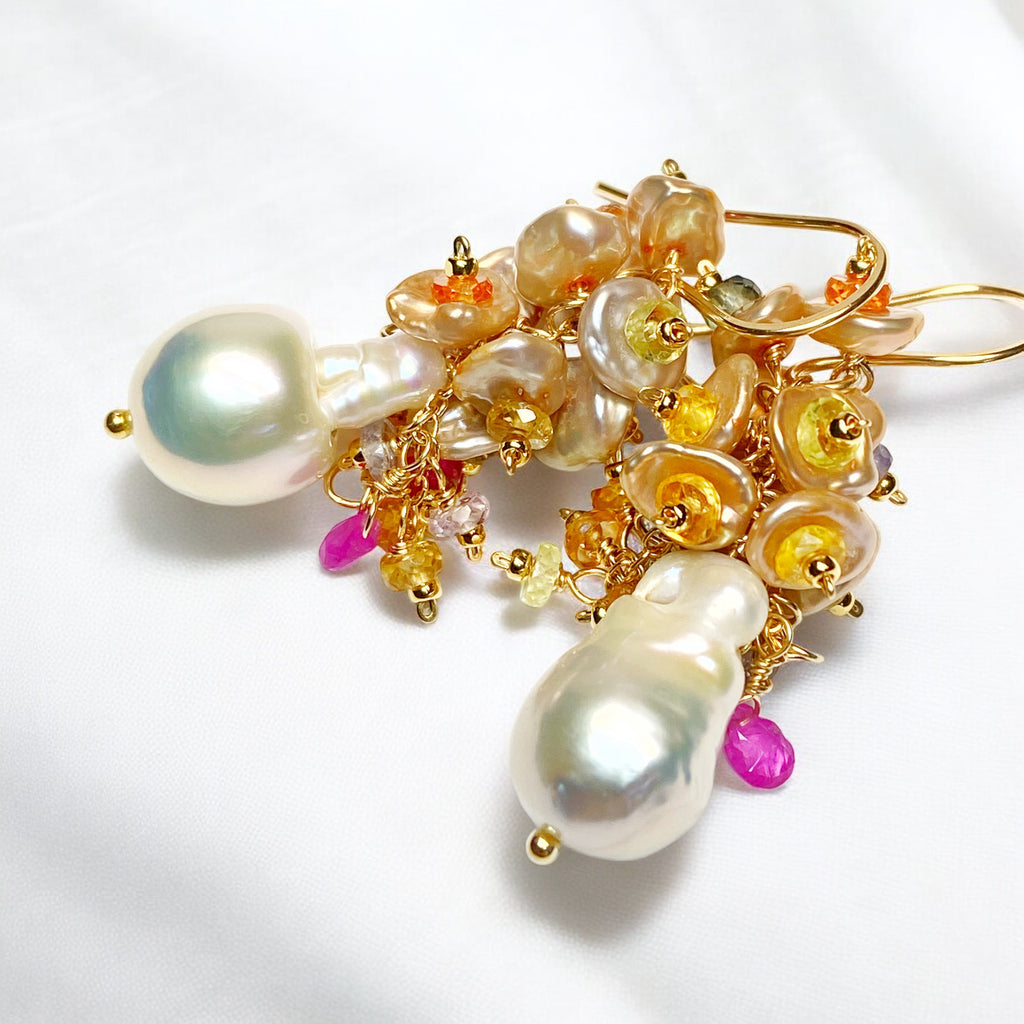 Baroque Flameball Pearl Earrings with Clusters of Sapphires and Keishi Pearls Gold Fill