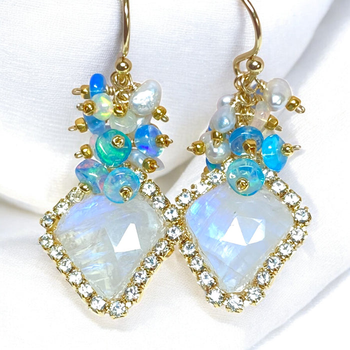 Rainbow Moonstone Diamond Style, Opal Cluster Dangle Earrings Gold