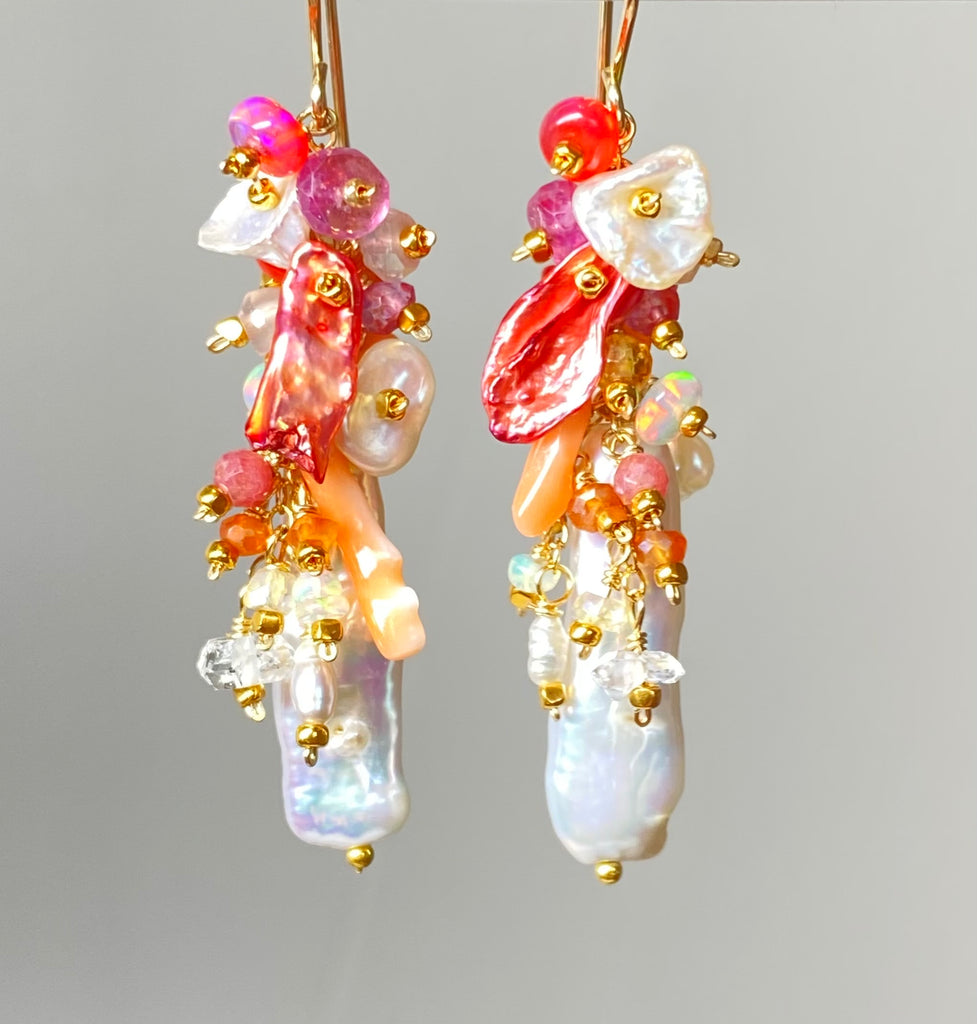 White Biwa Pearl and Coral, Hot Pink Gem Cluster Earrings Gold Fill