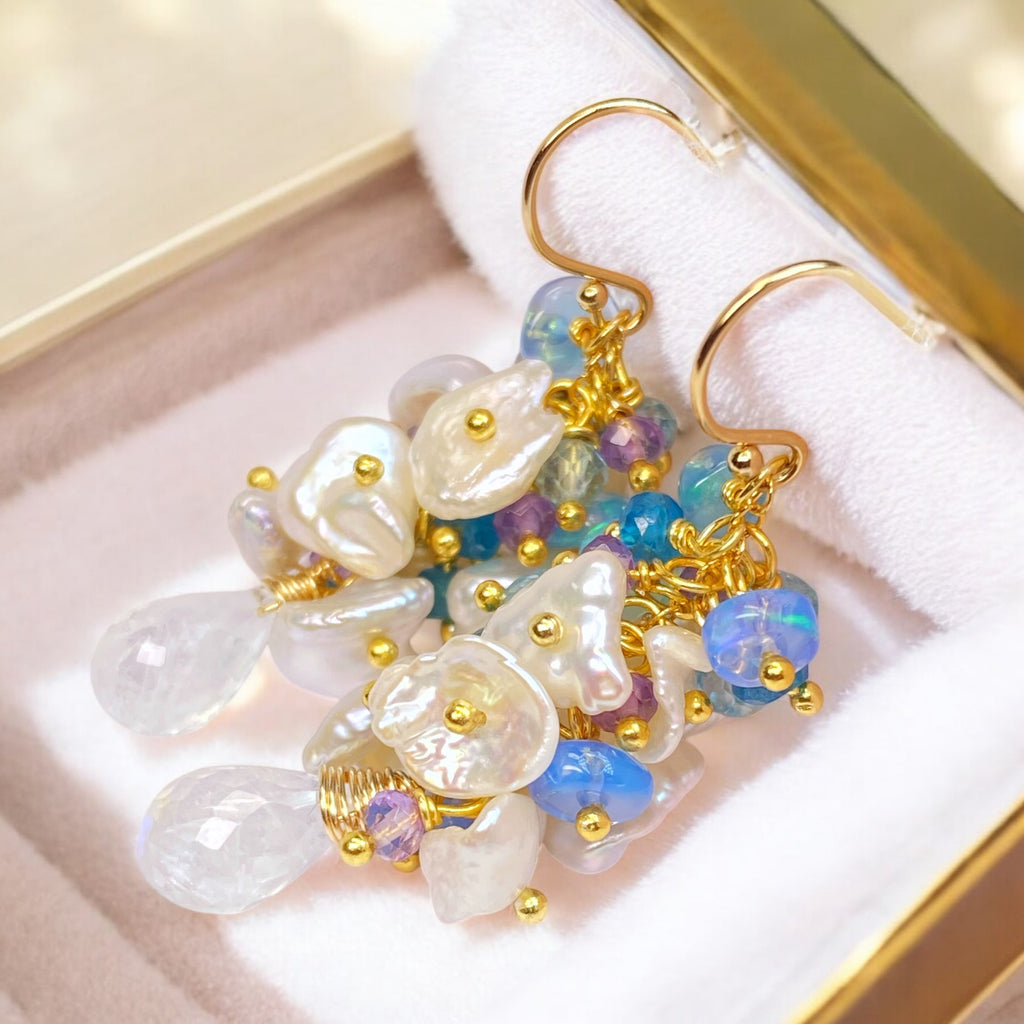 Blue Ethiopian Opal, Keishi Pearl and Gemstone Dangle Earrings Gold
