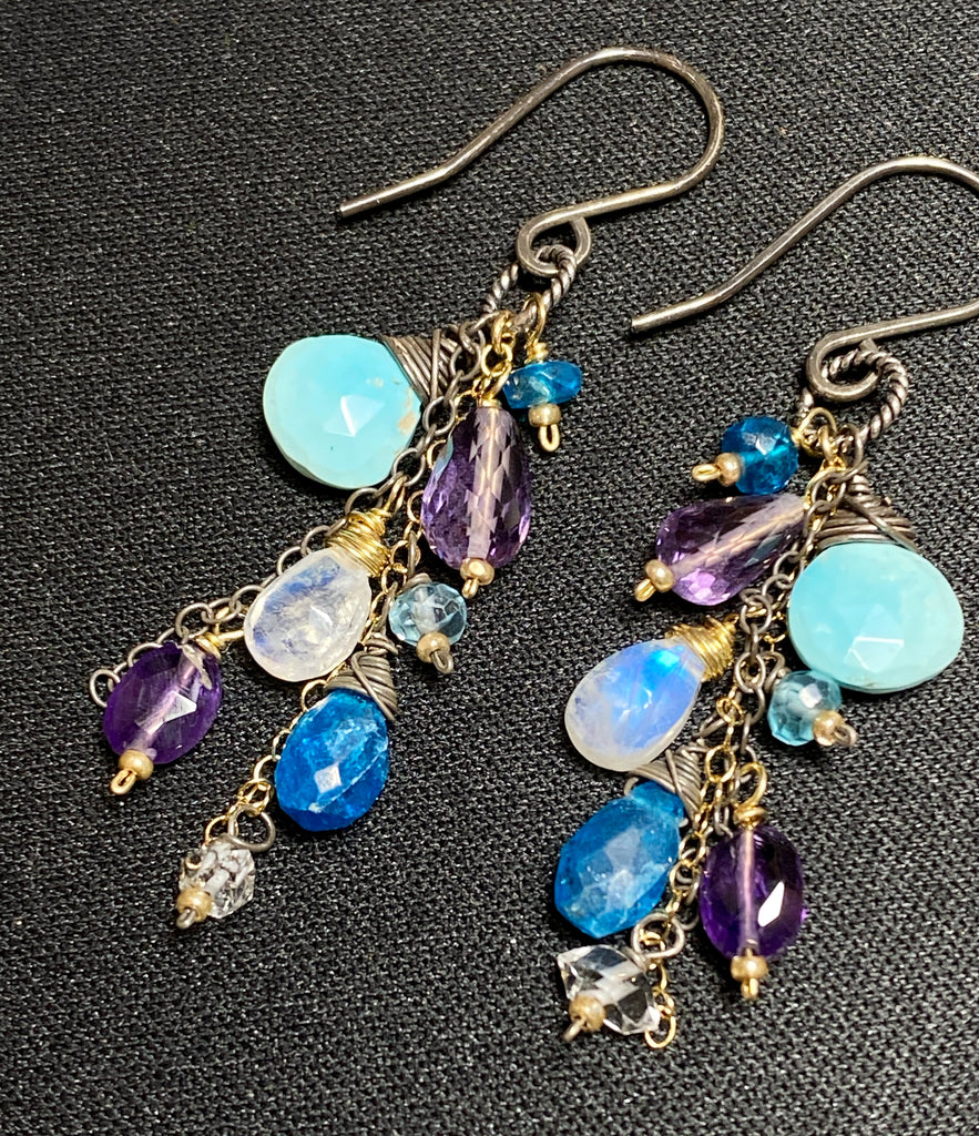 Sleeping Beauty Turquoise Dangle Earrings with Moonstone, Amethyst in Mixed Metals