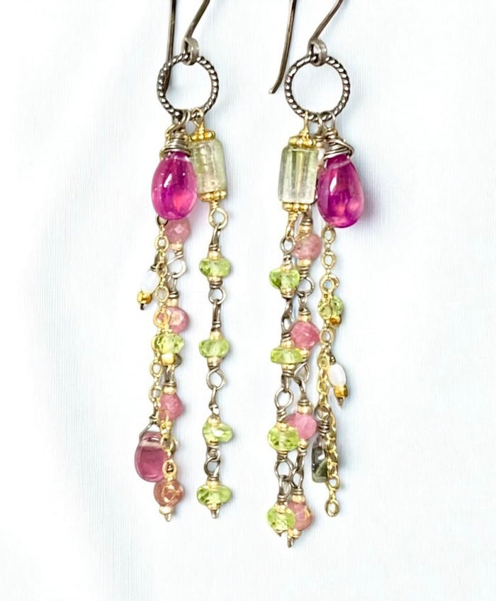 Pink Sapphire, Peridot and Tourmaline Gemstone Long Dangle Earrings