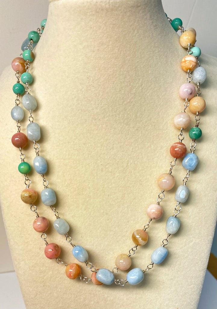 Multi-color Gemstone Necklace Wire Wrapped Opal Chrysoprase Aquamarine