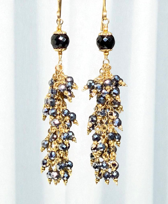 Sparkly Long Black Tassel Earrings Gold Fill