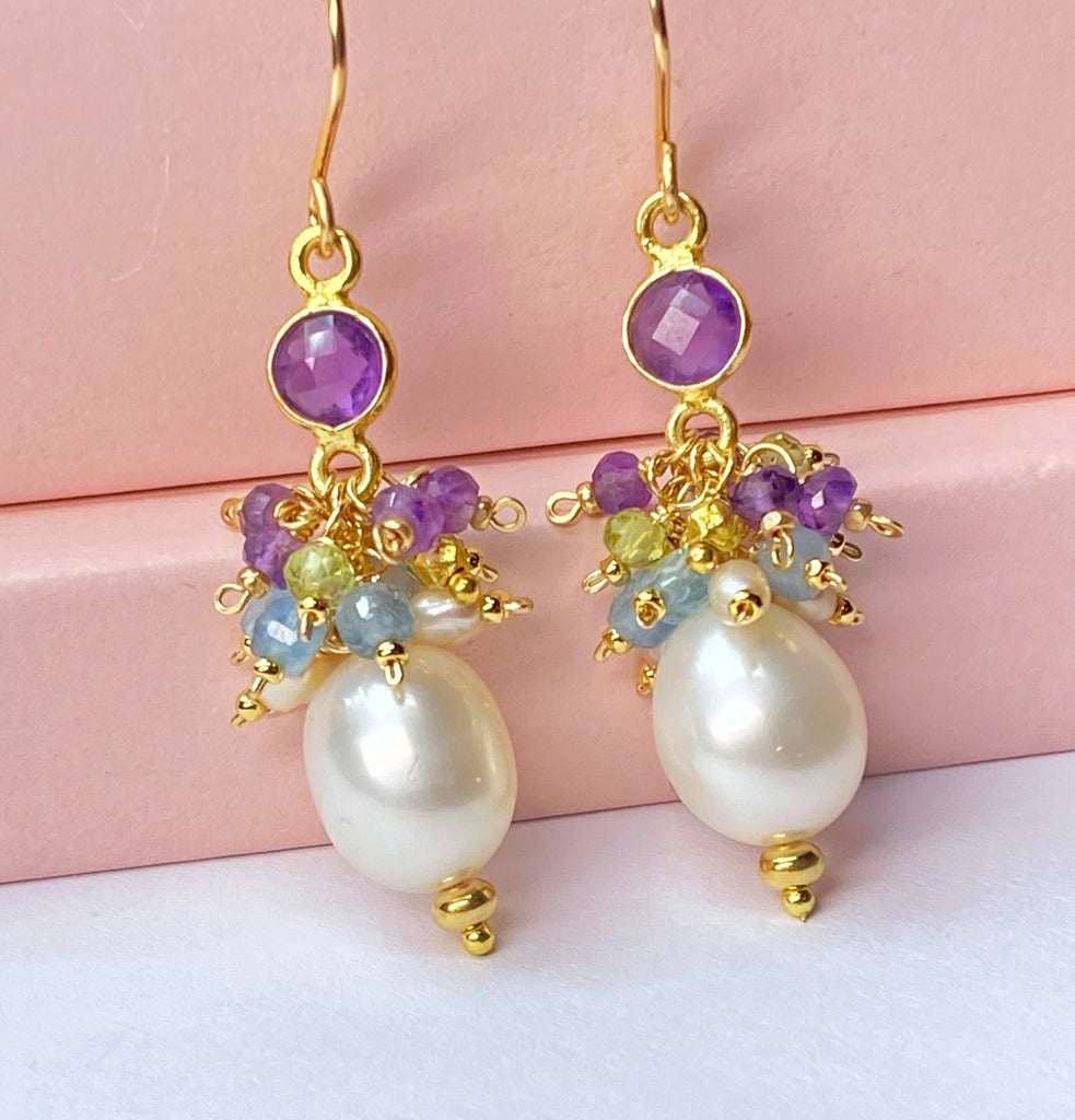 Pearl Cluster Earrings with Peridot, Aquamarine, Amethyst in Gold