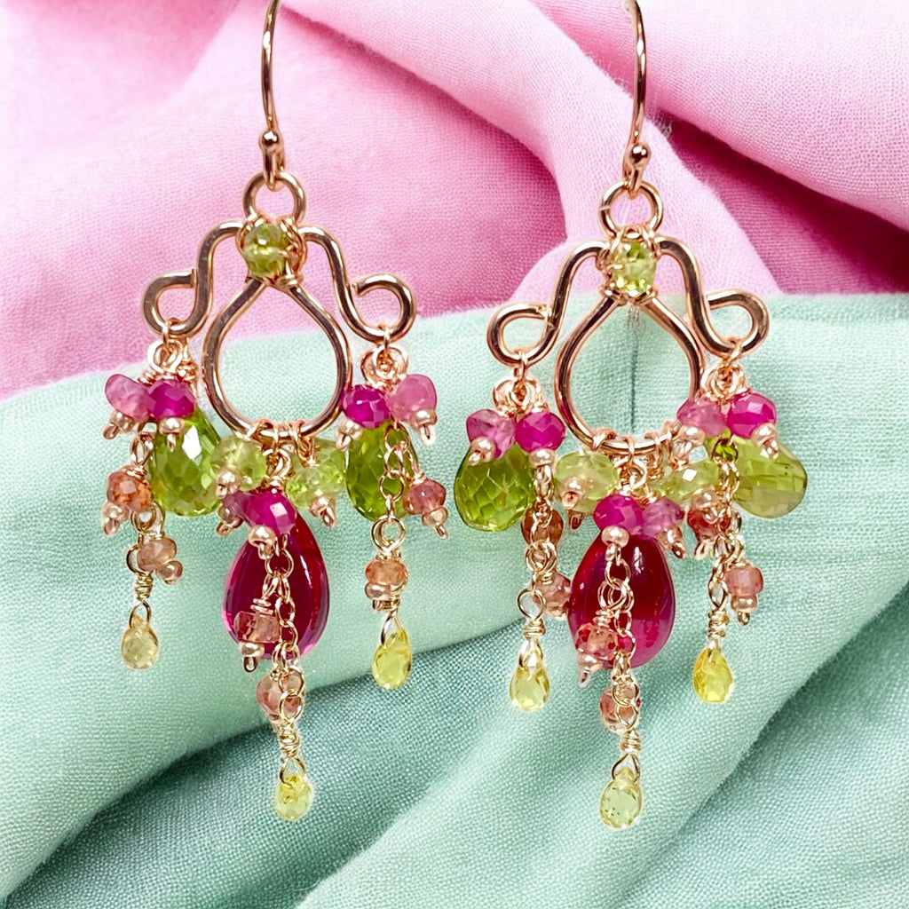 Rubellite and Peridot Rose Gold Chandelier Earrings - Pink and Green