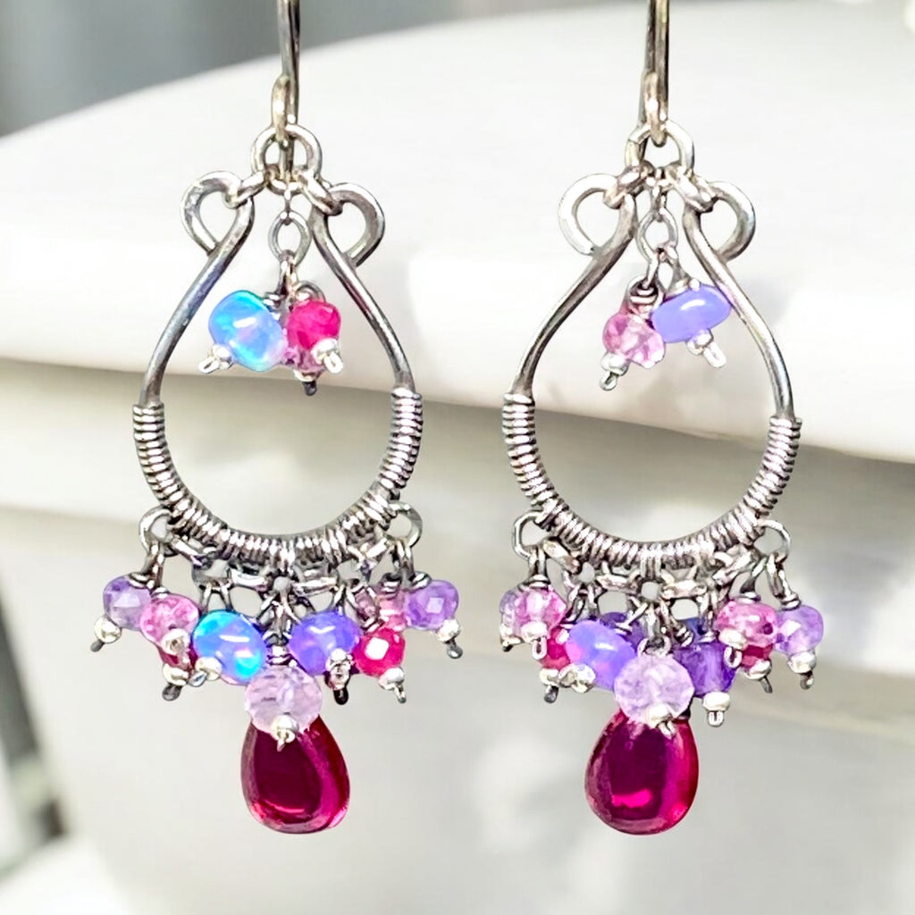 Pink Rubellite, Lavender Gems Oxidized Silver Hoop Chandelier Earrings,