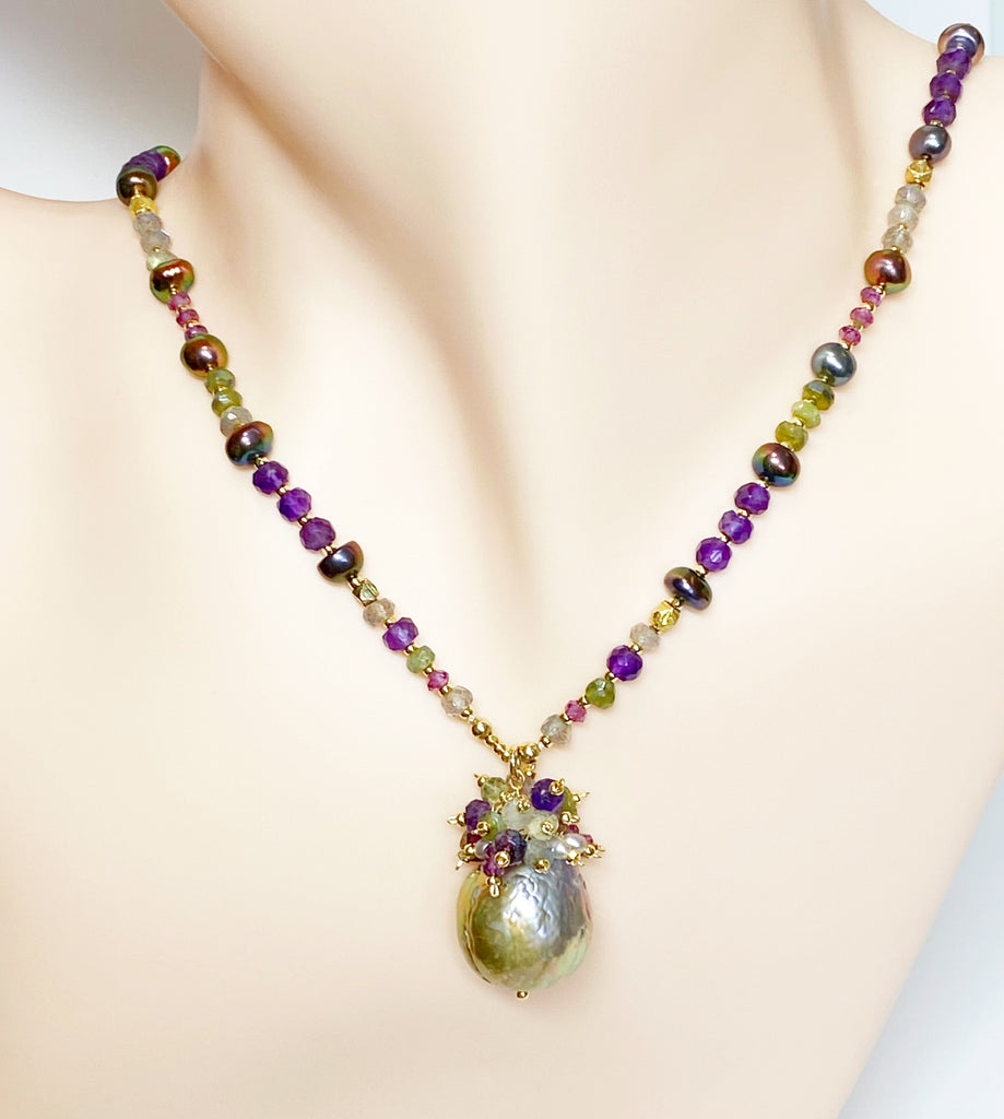 Exotic Mauve Pink Pond Slime Baroque Freshwater Pearl Pendant with Gemstone Necklace