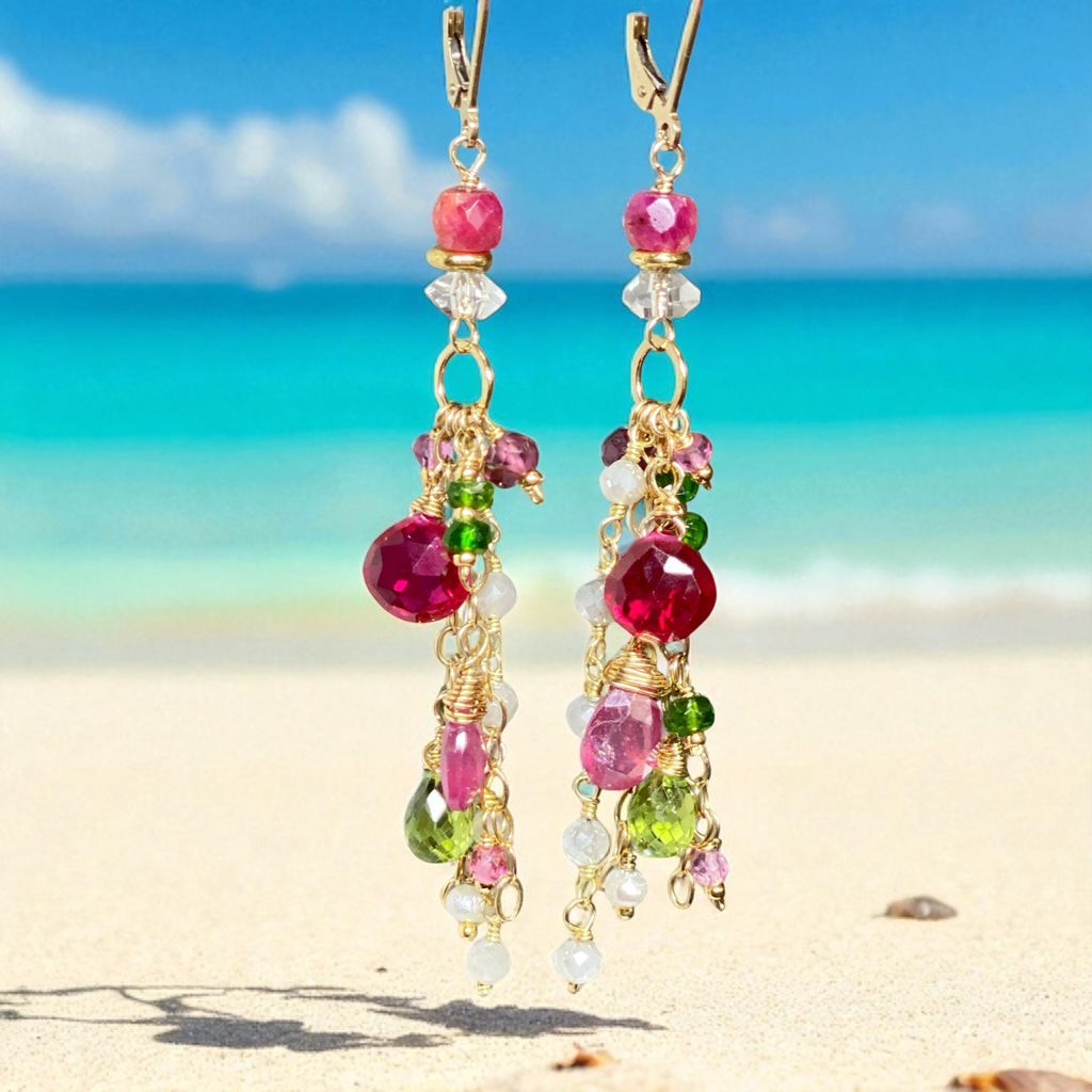 Gemstone Dangle Earrings - Pink Sapphire, Peridot, Ruby, Gold