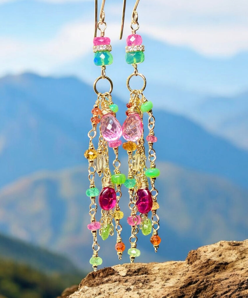 Pink Sapphire, Green Gemstone Gold Fill Long Dangle Earrings